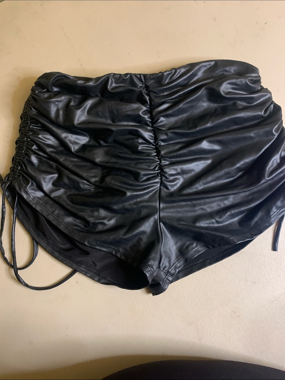 Fashion Nova Black Faux Leather High-Waist Ruched Side-Drawstring Shorts